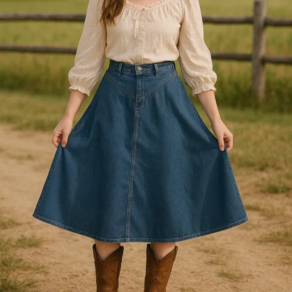 Cherokee || Vintage Denim Skirt Full A-Line High Waist Midi Prairie Sz 26 - Picture 2 of 7